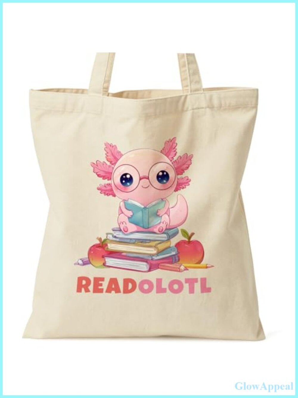 Canvas Tote Bag Kawaii Axolotl Read a Lotl Book Lover Shoulder Bag